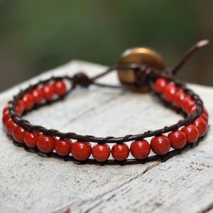 Leather Gemstone Bracelet, Red Jasper, Boho